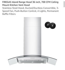 FIREGAS Island Range Hood 36 inch, 700 CFM Ceiling Mount Kitchen Vent Hood Stainless Steel Hood, Ducted/Ductless Convertible, 3-Speed Fan, Push-Button