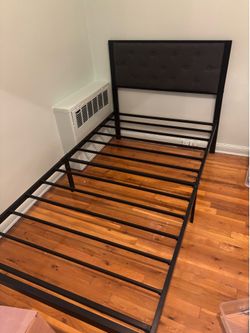 Black Metal Twin Bed Frame with Tufted Headboard