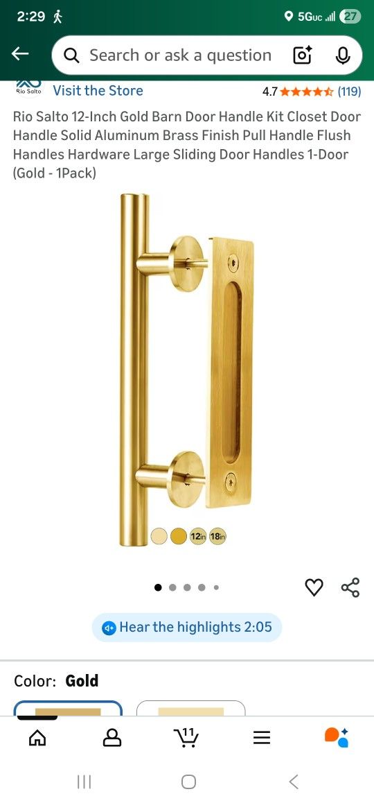 12inch Gold Barn Handle Kit