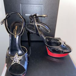 Saint Laurent Bianca Studded Crystal Star Platform Sandals in Black, Red & Gold 