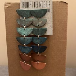 Robert Lee Morris Soho dangle earrings. Variegated patina charms, about 4". 
