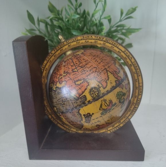 Vintage Old World Terrestrial Zodiac Wooden Globe Book End (1) Made In Italy