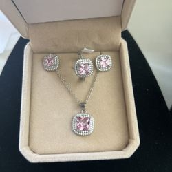 Stunning princess cut Pink Halo Moissanite Set S925, Sterling Silver