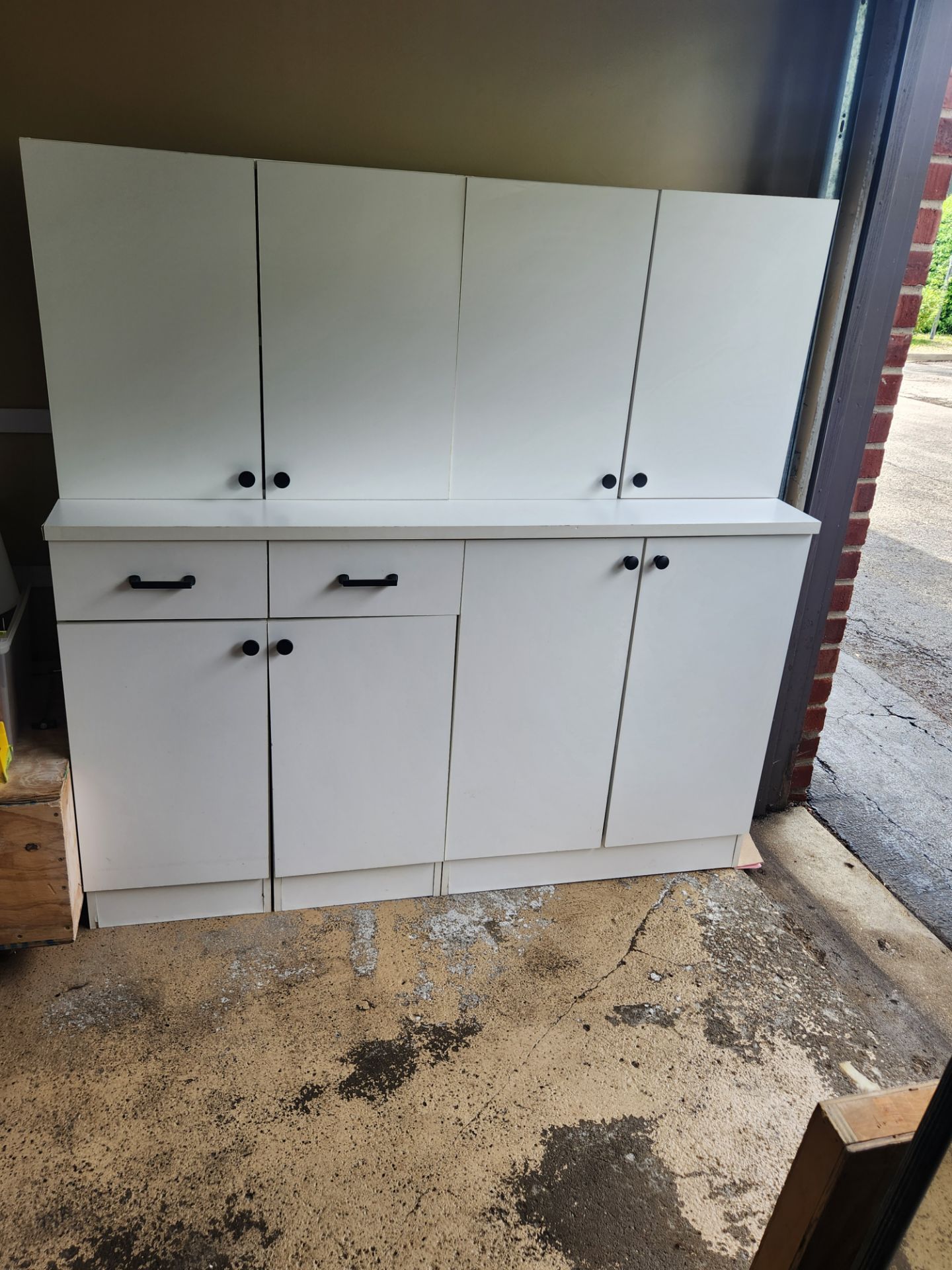 Used White Melamine Upper Base Cabinets and Top. 60" Overall