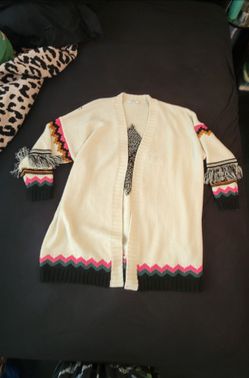 Simply Be Cream Open-Front Cardigan with Pink, Green and Black Accents