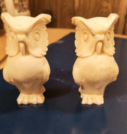 Pair Vintage Alabaster Owl Figurines