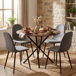 Homy Casa FONTANA+CHARLTON 5PC Dining Set 31.5” Round Dark Walnut Table with 4 Charlton Grey Terry Fabric Chairs