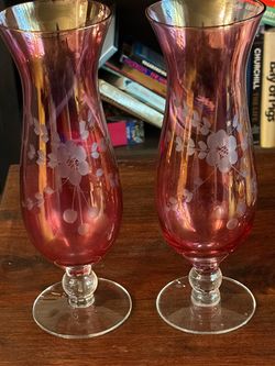 Vintage Bohemian Cranberry Pink Etched Glass Hurricane Vases