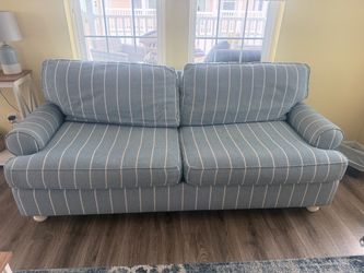 Blue Striped Fabric Sofa with Throw Pillows