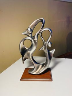 Beautiful 12” Abstract Sculpture Of Woman & Child. Cast Resin & Silver Finish