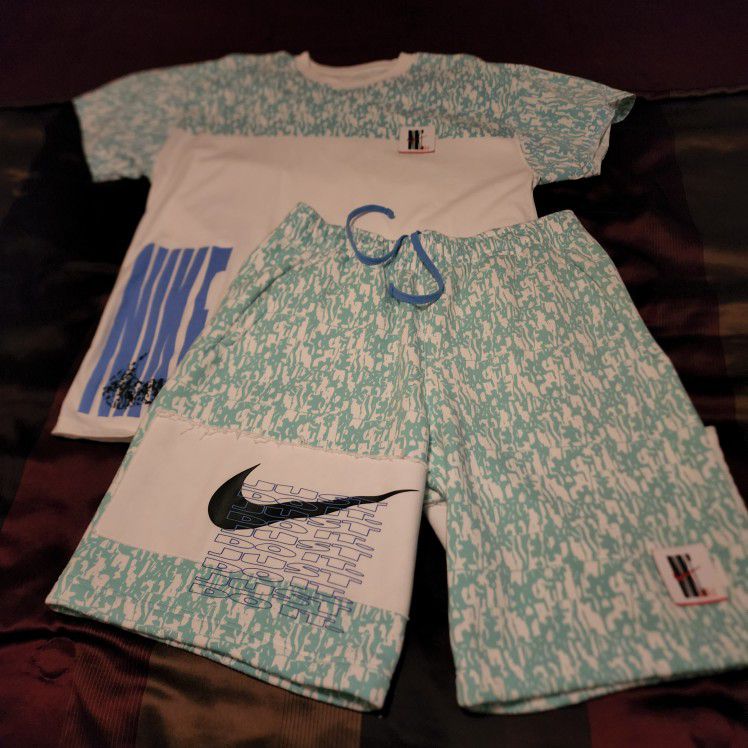 NIKE OUT FIT SHIRT WITH SHORTS PANTS, CAMO LIGHT BLUE ,WHITE. JUST DO IT!  SIZE LARGE