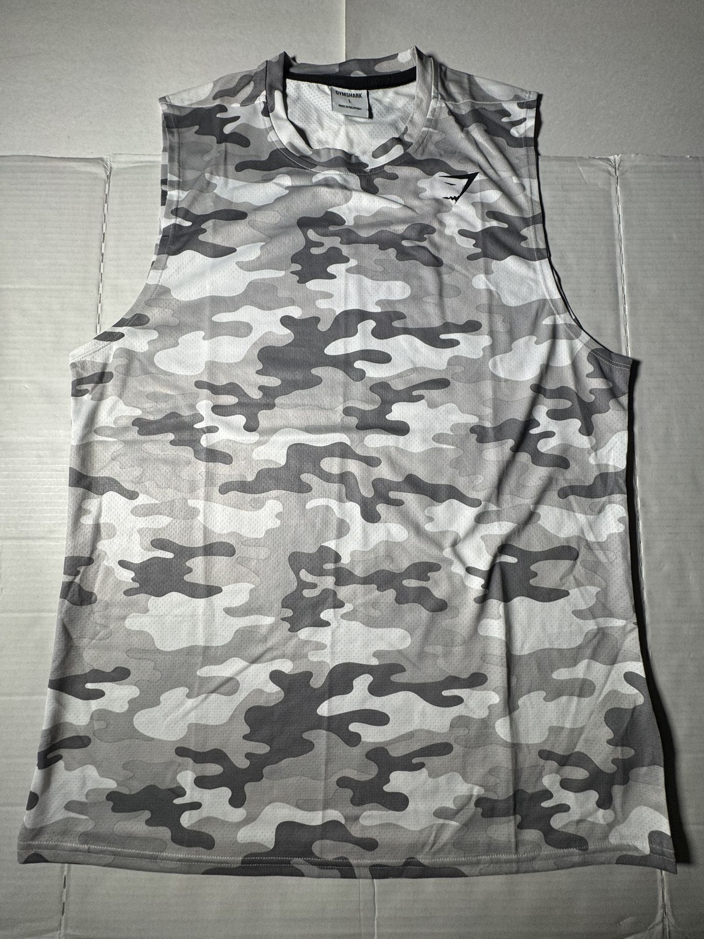 Pre Owned Excellent Gymshark Sleevless Tank Top Shirt Camo Printed White Gray Black Men Size Large