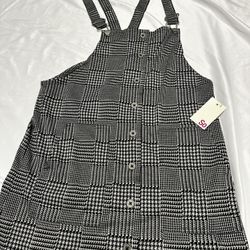 NWT Junior’s SO Knit Button Front Pinafore Dress, Black Plaid, Large