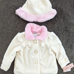 Little Lass 2 Piece Cream and Pink Fleece Coat with Hat Size 12 Months NWT