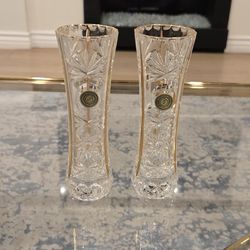 Two Brand New Hand Cut Crystal Vases with Intricate Gold Design. Made In Italy.