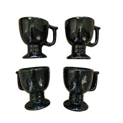 Frankoma vintage set of 4 black pottery pedastal mugs/cups. EUC.