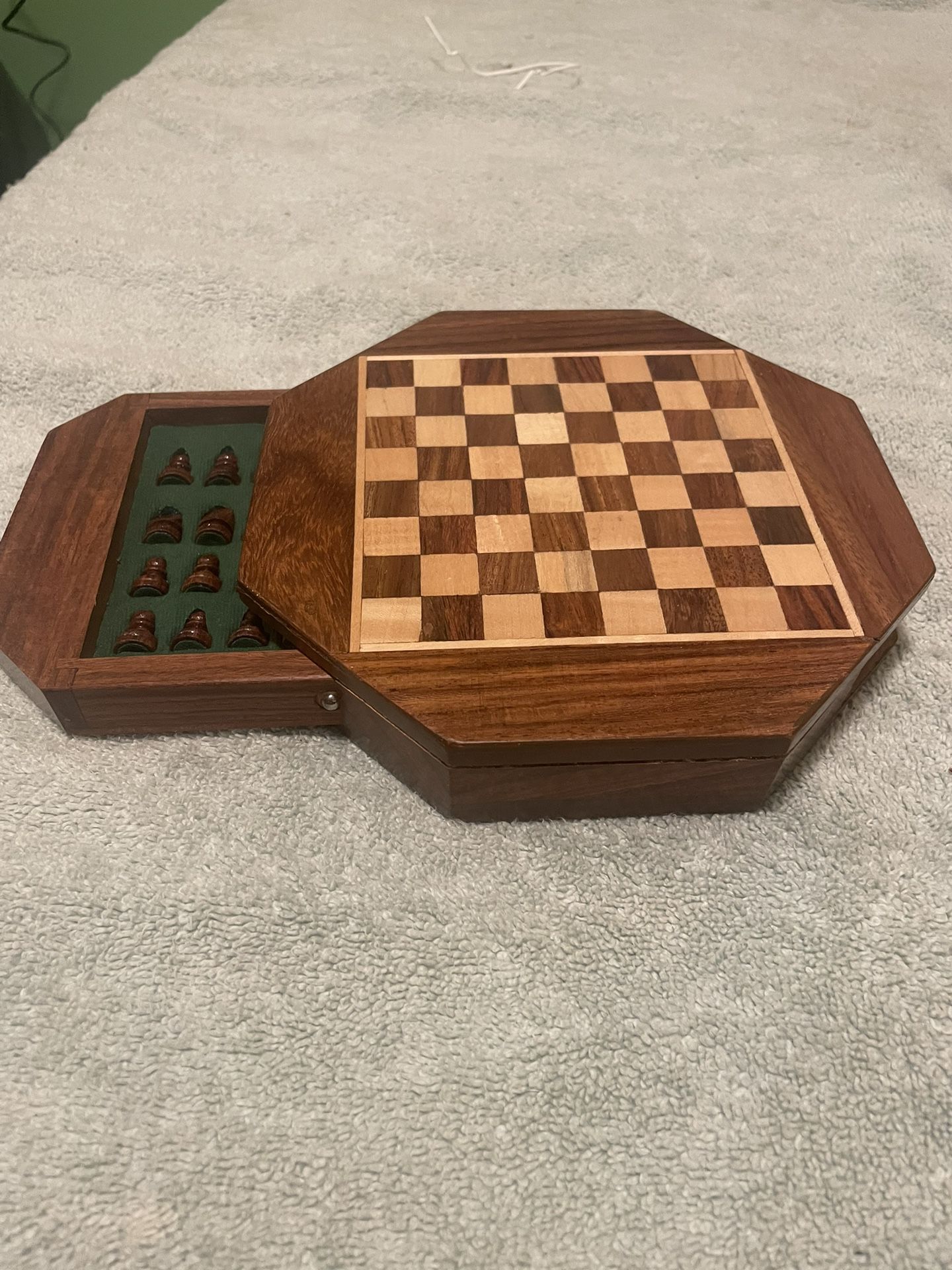 Handicrafts 9 x 9 inches Octagon Shape Magnetic Wooden Chess Board With Storage