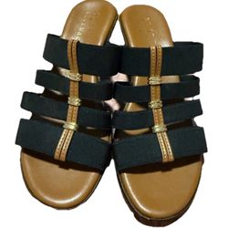 Italian Shoemakers Wedge Heeled Sandals Strappy Brown Black Stretchy 6