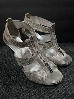 glamorous Michael Kors Berkley T-Strap Silver Glitter Zip Heels