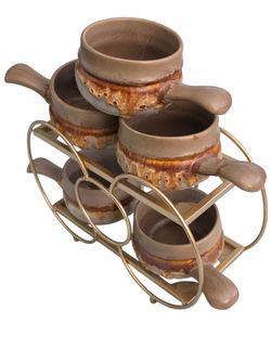 Five vintage Laurentian Pottery French onion soup bowls.
