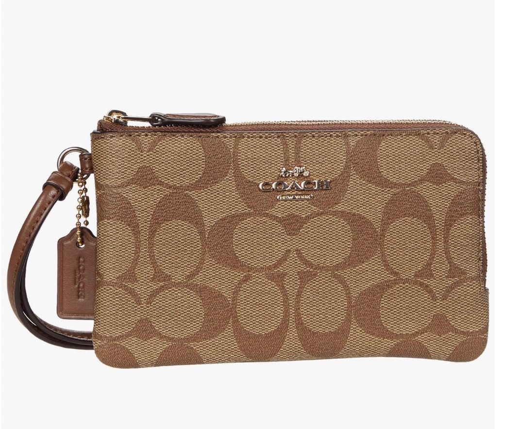 COACH Signature PVC Double Corner Zip Khaki/Saddle