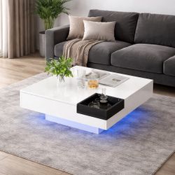 White High-Gloss Coffee Table w/ RGB LED Lights & Tray