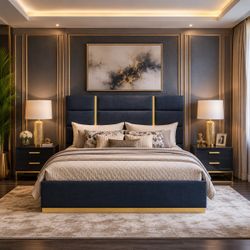 Eastern King Queen Navy Gold Upholstered Panel Bed Frame Headboard Cama Dormitorio Azul Dorado Muebles Recamara Venta Furniture Sale