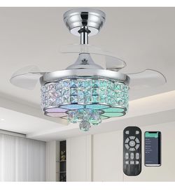 30" RGB Crystal Retractable Ceiling Fan with Light LED Chandelier