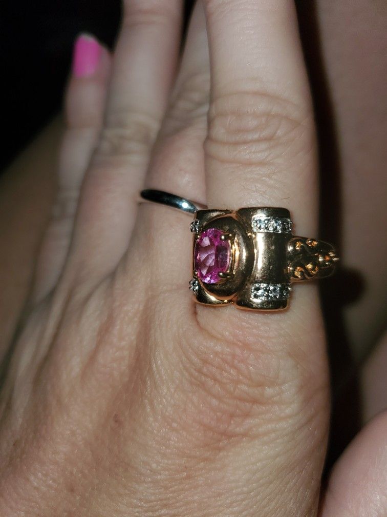 Pink Gem .925 Silver Ring With Gold Plate!
