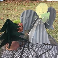 ONE OF A KIND HAND MADE . ANGEL STATUE AND A PINE TREE. ANGEL 25 Inches High. 