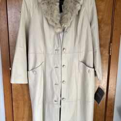 Terry Lewis Long Leather Coat with Faux Fur Collar