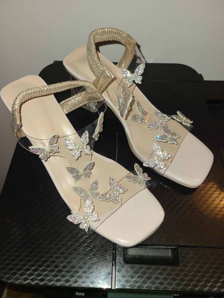 Women's Butterfly Clear Chunky Heels, Square Open Toe Elastic Strap Mid Heels