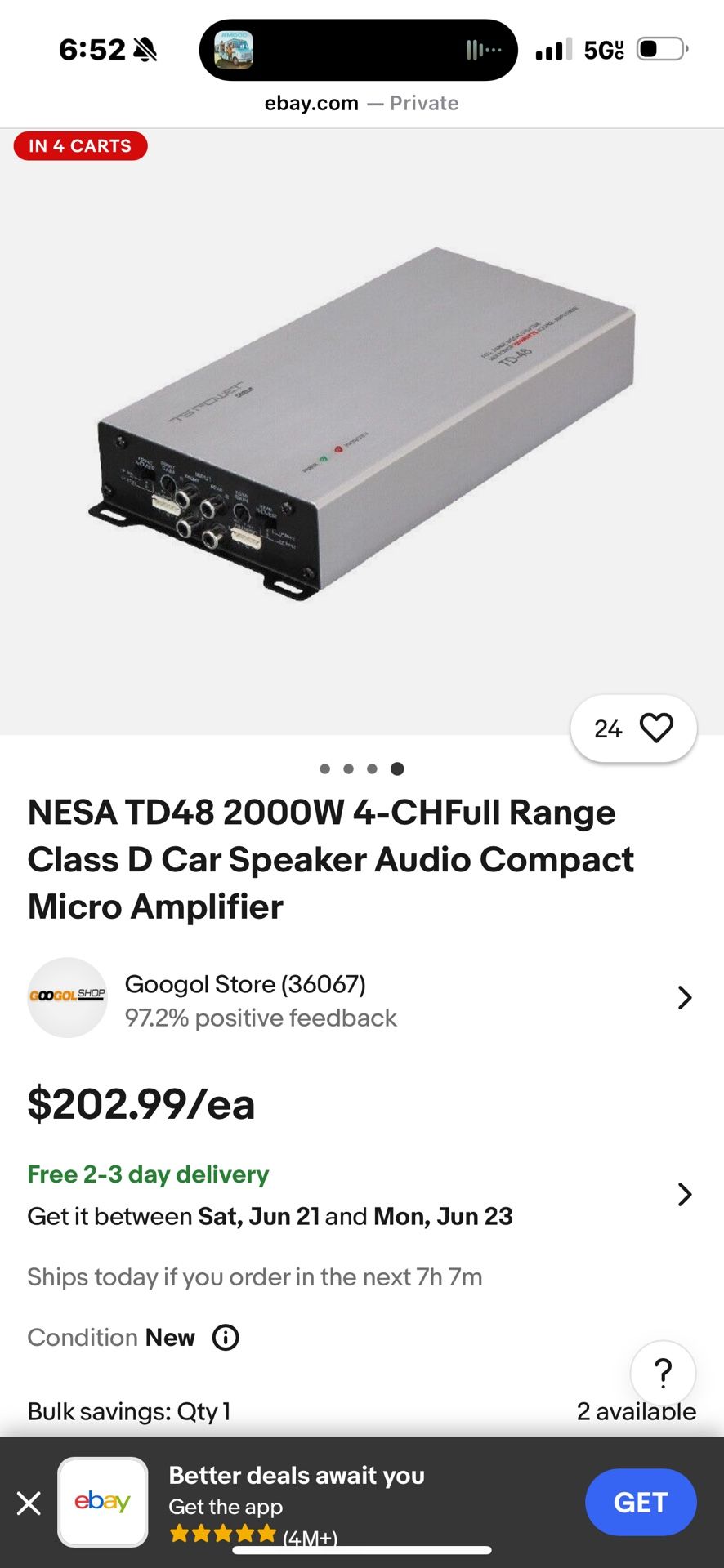 NESA TD48 2000W 4-CHFull Range Class D Car Speaker Audio Compact Micro Amplifier
