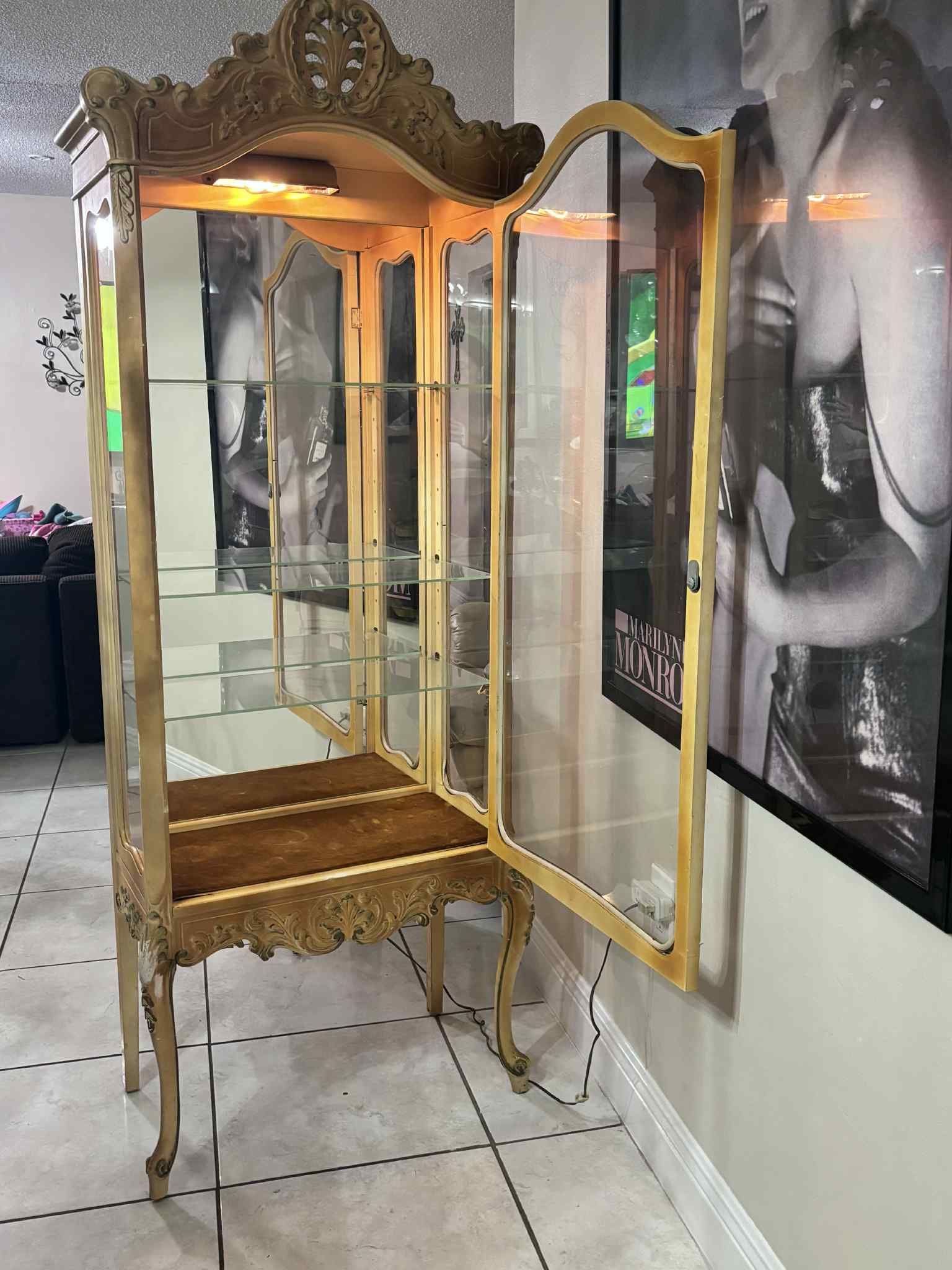 Antique Curio Cabinet With Glass Shelves & Light 71.5”H25”Lx13”W