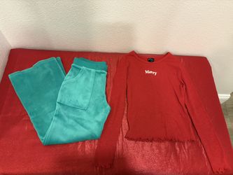 Girls Christmas Red Merry Long sleeve top & Green Velvet Pants Set - kids Size Small 7 - Simi