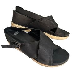 Eileen Fisher Woman’s Black Wedge Nubuck Leather Buckle Strappy Sandals, Sz 10