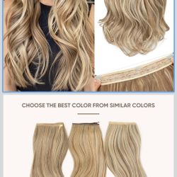 SARLA Invisible Wire Hair Extensions with 3 Clips Short Wavy Curly Synthetic Hairpiece for Women Adjustable Transparent Headband 14 Inch Bahama Beige