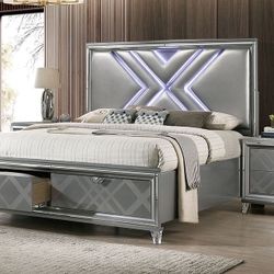 King Size Bed Frame Mattress Included. New In A Box.  Headboard With LED Lights. Bed Frame With 2 Drawers.  Cama King Size Colchon Incluido 