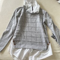 Gray long sleeve knit top with white shirt inside