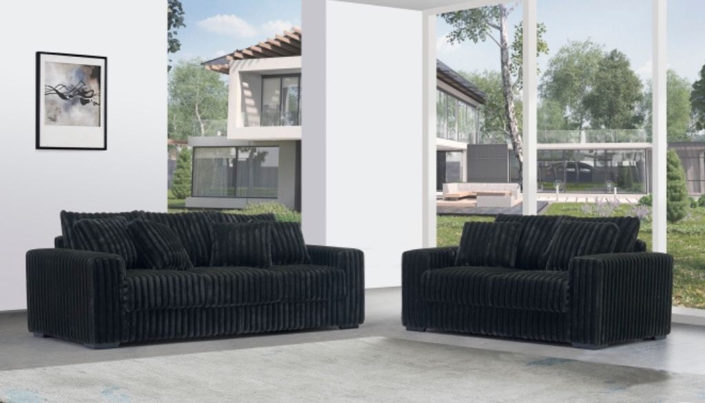 BLACK CORDUROY SOFA AND LOVESEAT WITH PILLOWS