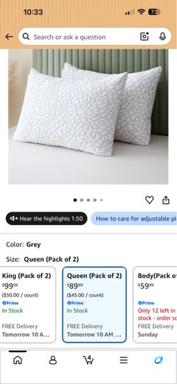 Queen Bed Pillows Pack of 2 Grey