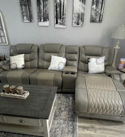 Leather Grey and Taupe Lounger couch (Only Lounger reclines)