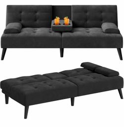 New 64" Futon Sofa Bed, Loveseat with 2 Cup Holders