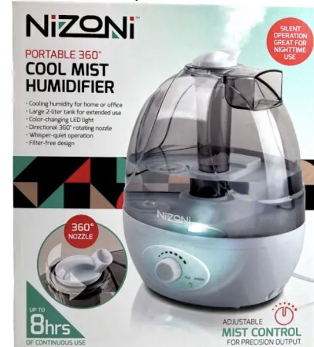 Nizoni Portable 360 Degree Cool Mist Humidifier - NEW in box Cooling humidity 2 liter tank size 360 degree rotating nozzle Whisper quiet makes it g
