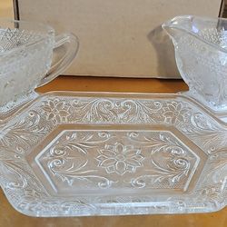 Vintage Indiana Tiara Glass Sandwich Pattern Cream & Sugar Set on Handled Underplate