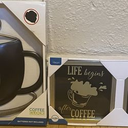 2 Kitchen Frames For The Wall, One Is A Coffee Clock & The Other Is Two Picture Frames Of Coffee, 