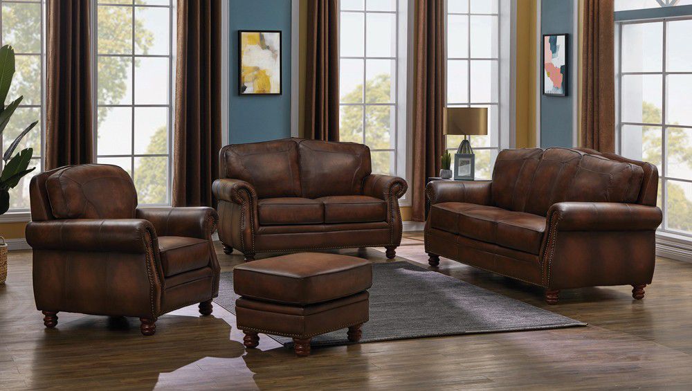 Brown 100% Top Grain Leather Sofa, Loveseat, Chair, & Ottoman