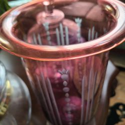 Lenox Pink Cranberry Amethyst Crystal Blown Glass Etched Pedestal Hurricane Vase