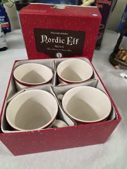 Set Of 4 Williams Sonoma Nordic Elf Coffee Mugs Santa Gnome Snowman Open Box 