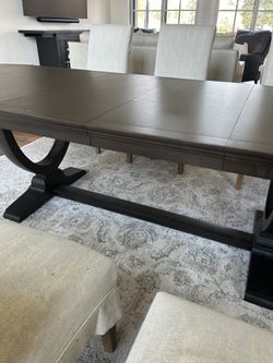 Dark wood dining table, West Elm